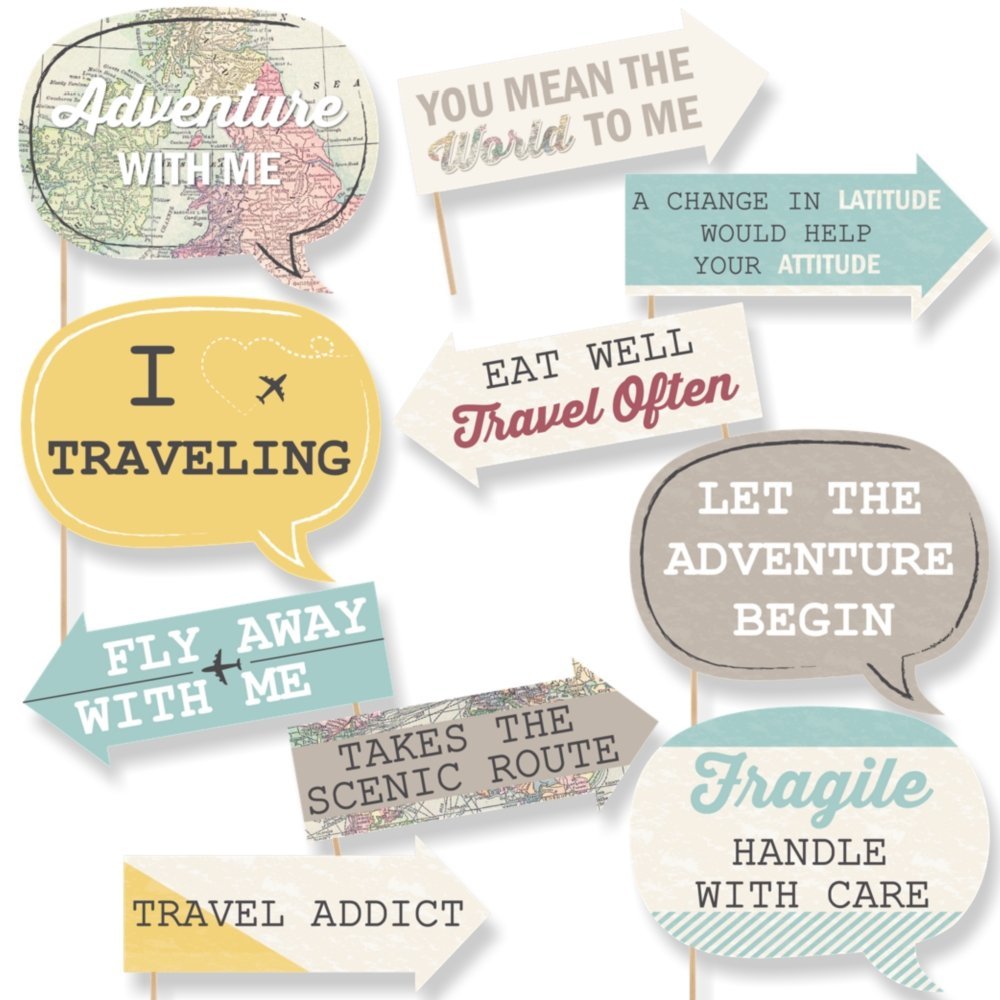 Big Dot of Happiness Funny World Awaits - Travel Themed Photo Booth Props Kit - 10 Piece
