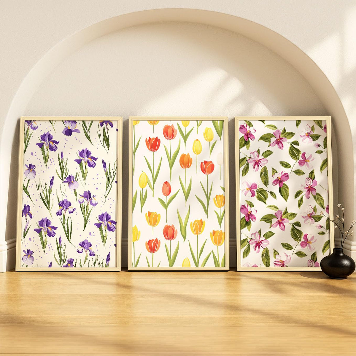 SoulAbiti Watercolor Floral Patterns set of 3 Framed Wall Print 12x18 inch Light Brown Frame PlexiGlass Floral Art ready to han