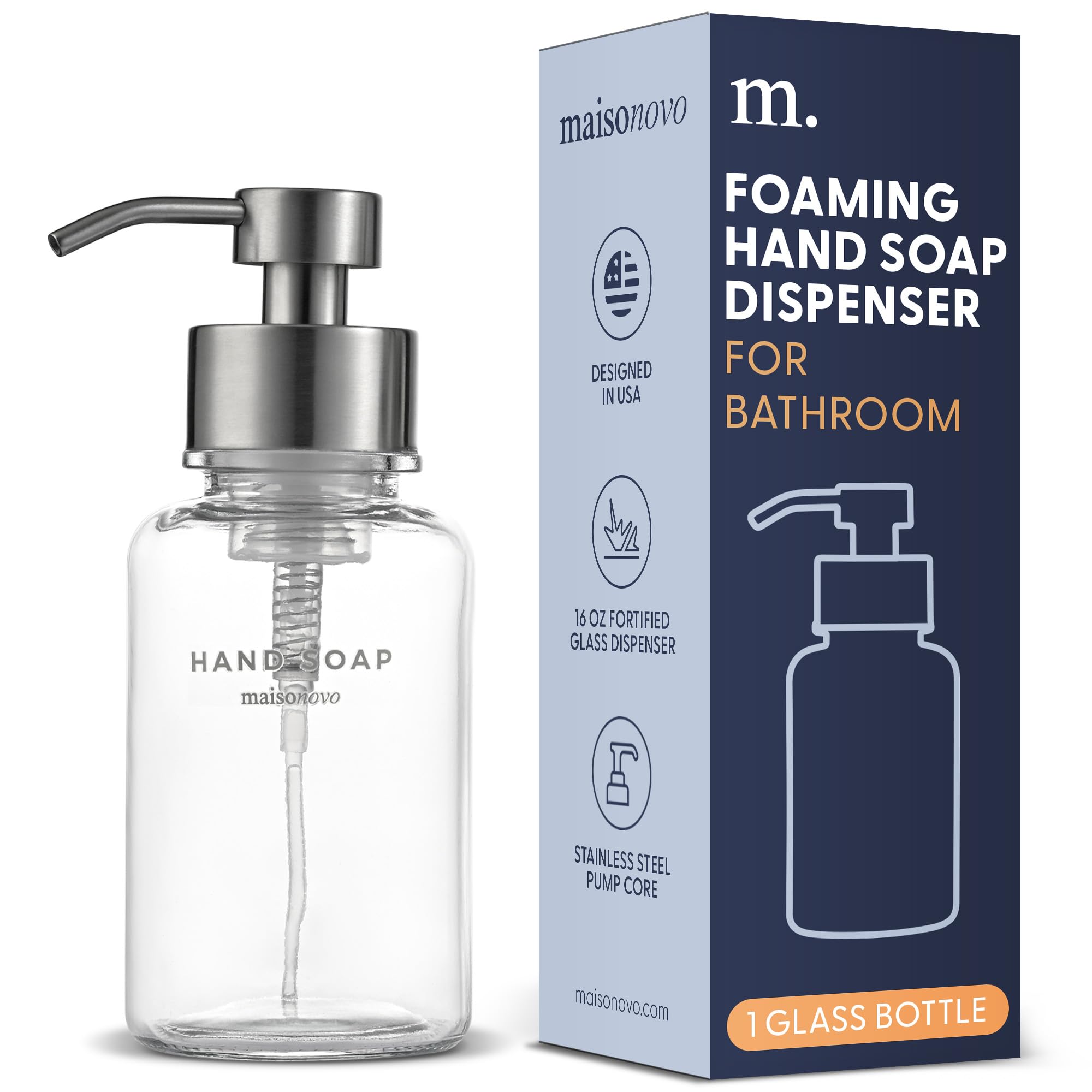MaisoNovo Glass Foaming Hand Soap Dispenser | Silver Foaming Soap Dispenser Clear Bottle Silver Pump x 1 w/Labels