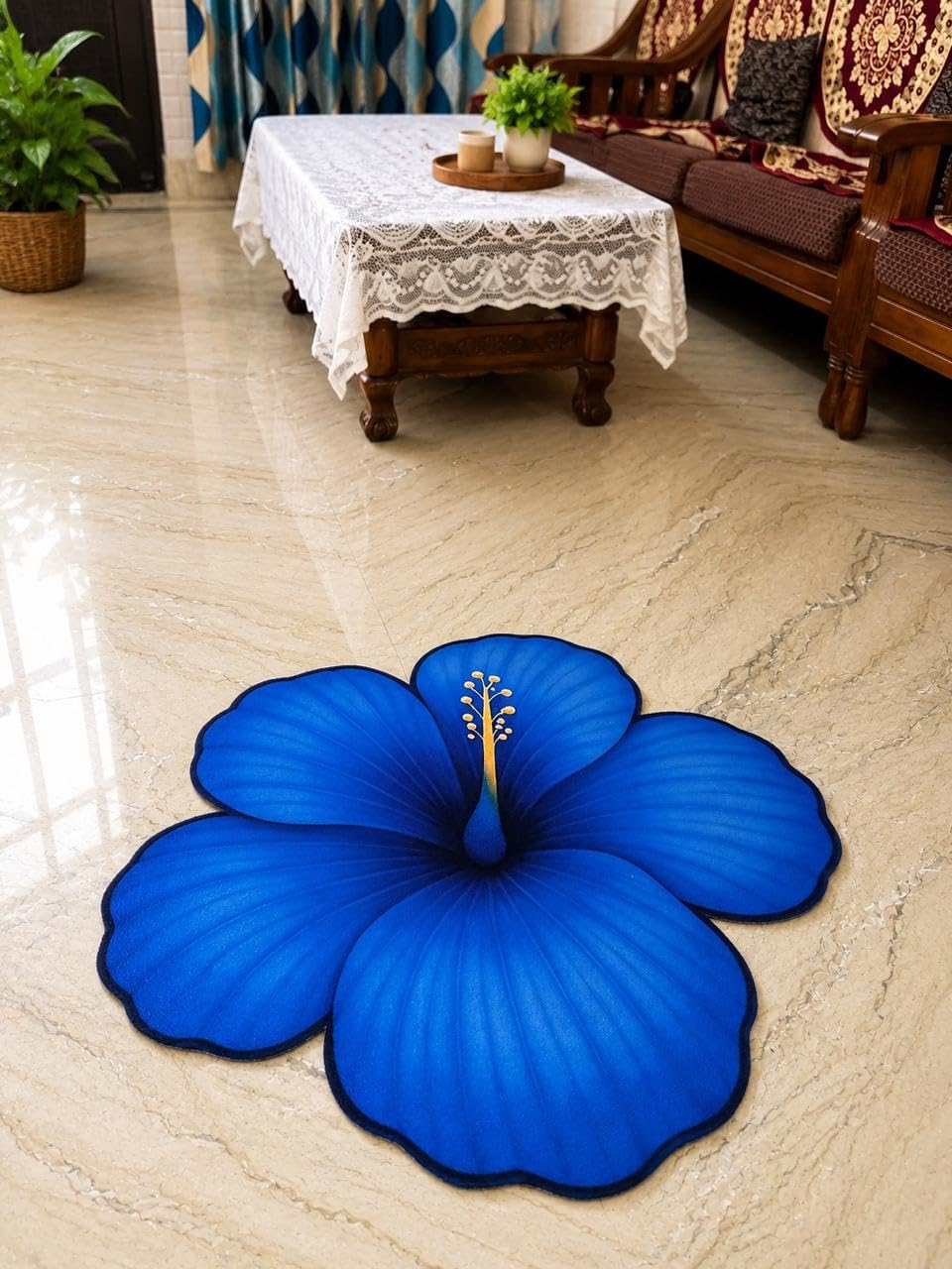 3D Printed Blue Hibiscus Flower Shape Door Mat for Home