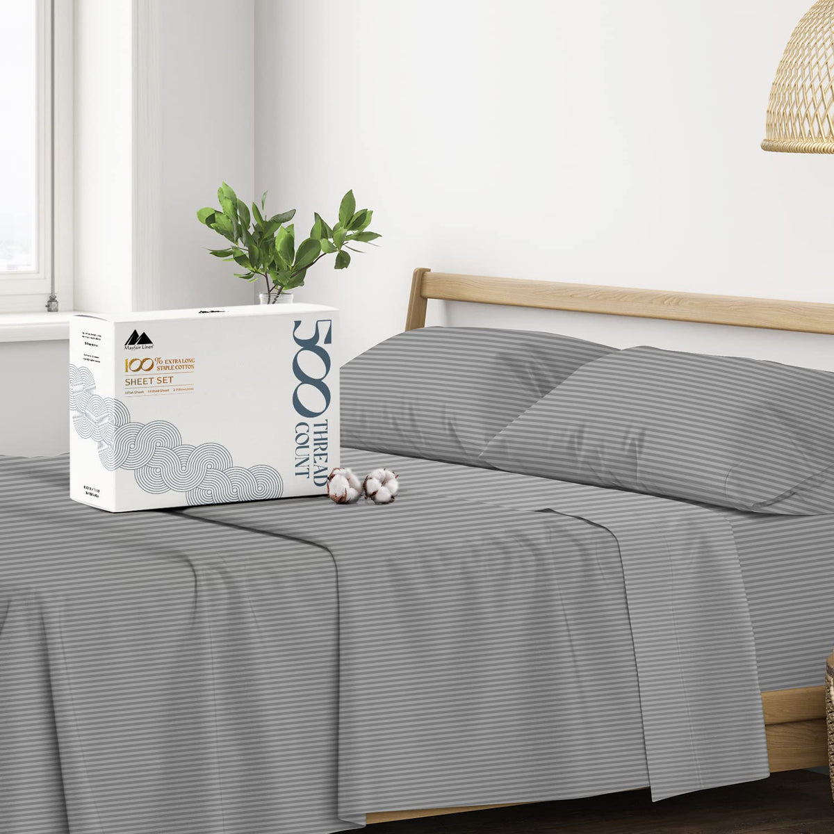 Mayfair Linen 100% Cotton Striped Sheets Queen Size Bed Set - 500 Thread Count Damask Sheets Queen Size 4 Pc Set (Dark Grey Stri