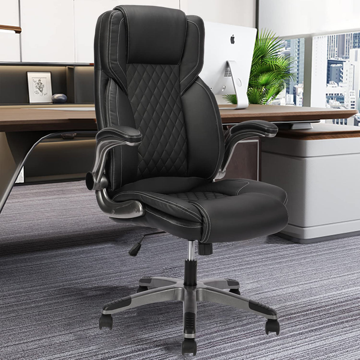 Reficcer Executive Office Chair With Wheels, Ergonomic Pu Leather Lumbar Support Office Chairs, 90-120 Rocking High Back Home De