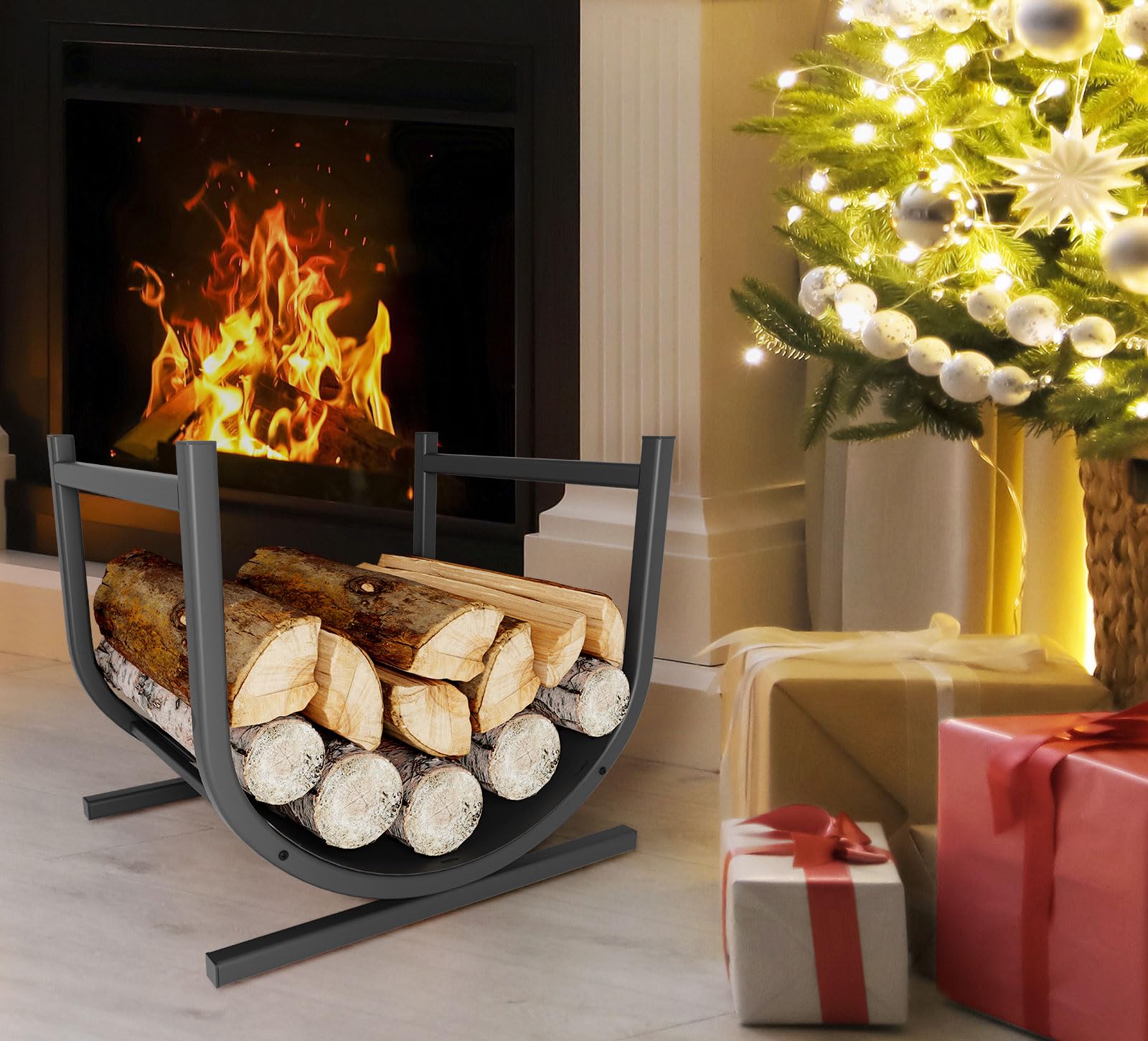 Idzo 17In Decorative Heavy Duty Firewood Storage Log Rack Decorative Heavy Duty Wood Holder Indoor Outdoor Black