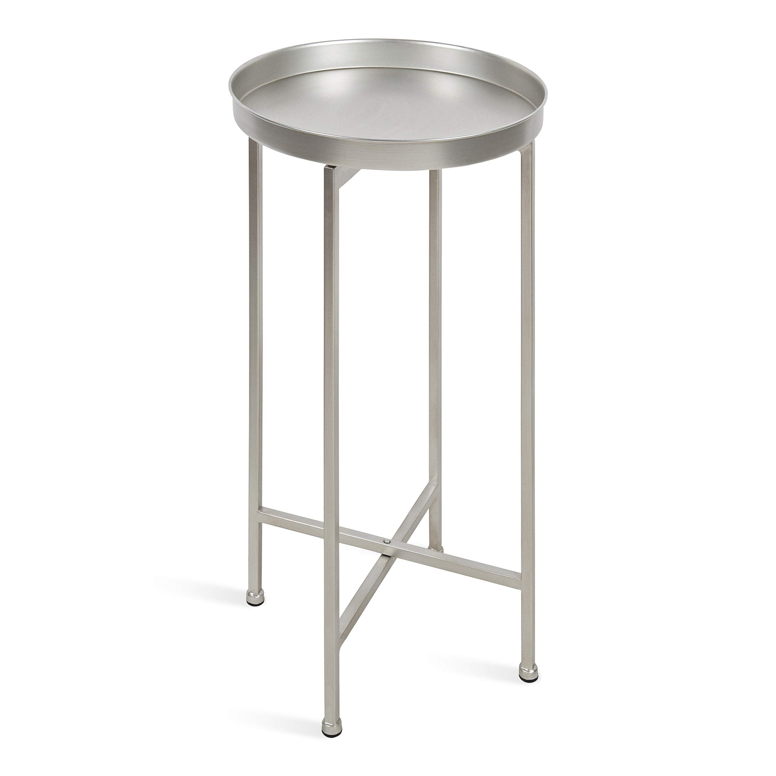Kate and Laurel Celia Round Metal Foldable Accent Table with Tray Top, 14 x 14 x 25.75, Silver