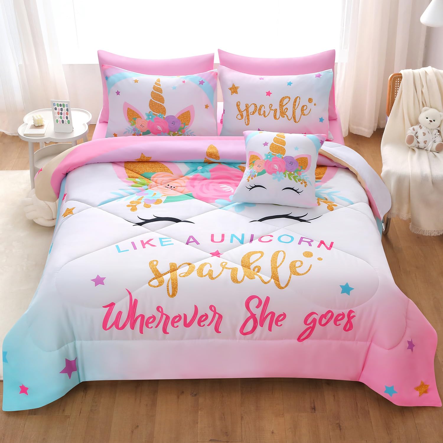 Jqinhome Unicorn Full Bedding Sets For Girls Kids,8 Piece Bed In A Bag 3D Colorful Flower Girl Unicorn Comforter Set With Sheet Set(Sparkle)