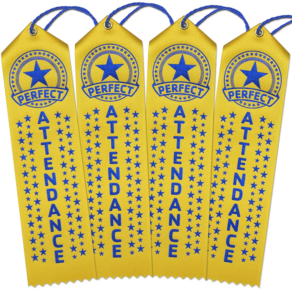 Ribbonsnow Perfect Attendance Award Ribbons - 100 Yellow Ribbons With Card & String