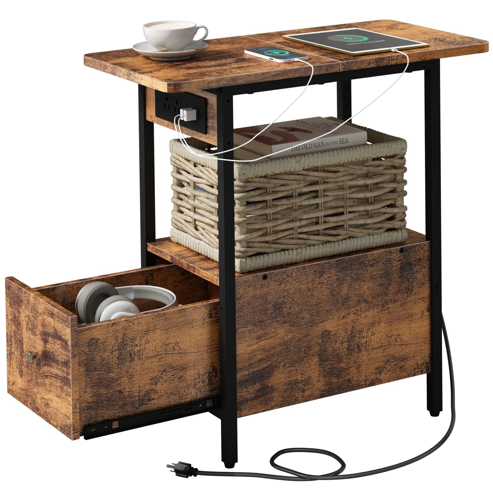 LIDYUK End Table with Charging Station, Narrow Side Table with Drawer and USB Ports & Power Outlets, Nightstand Bedside Tables f