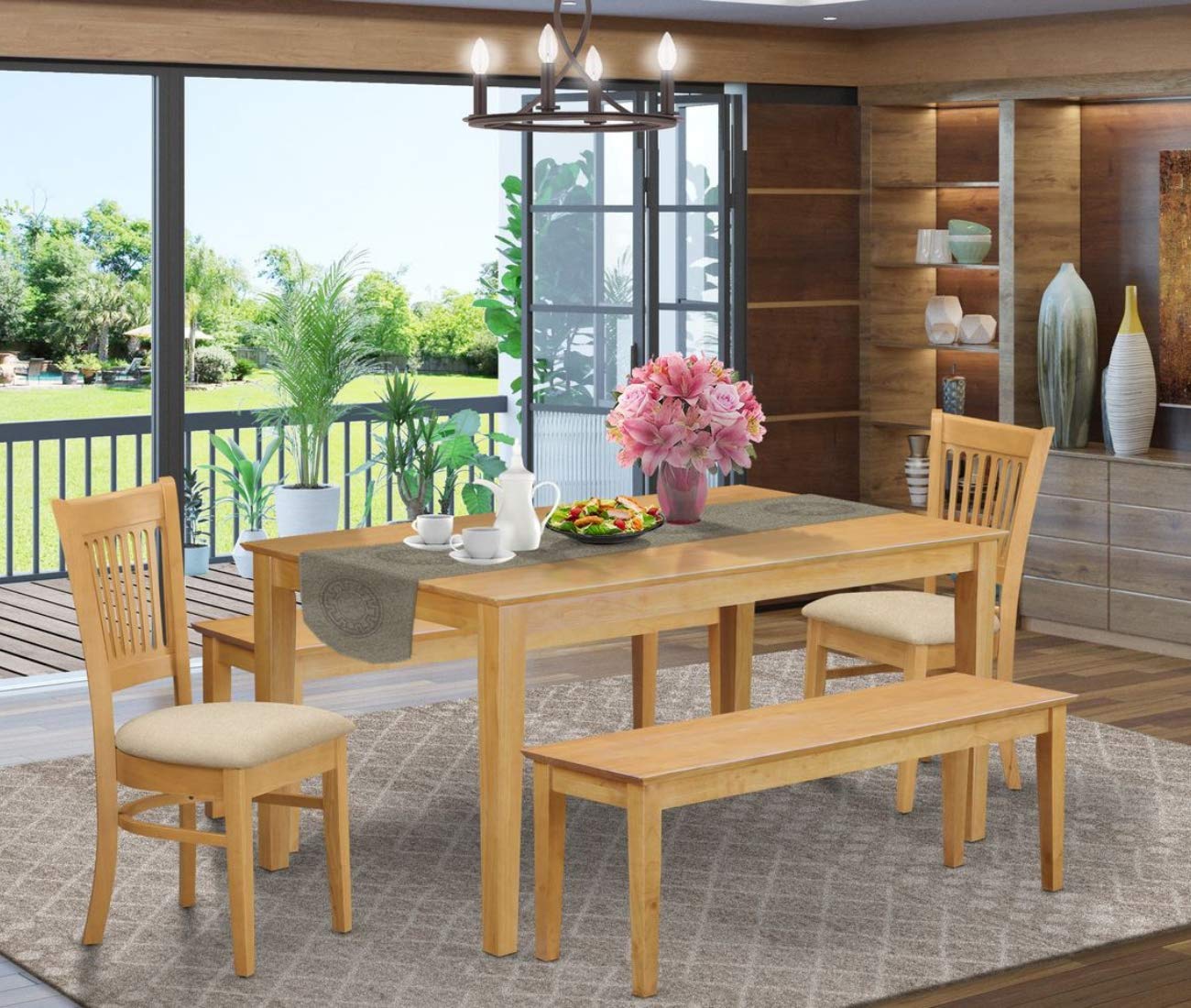 East West Furniture CAVA5C-OAK-C 5 Piece Dining Table Set for 4 Includes a Rectangle Kitchen Table and 2 Linen Fabric Dining Chairs with 2 Benches, 36x60 Inch, Oak