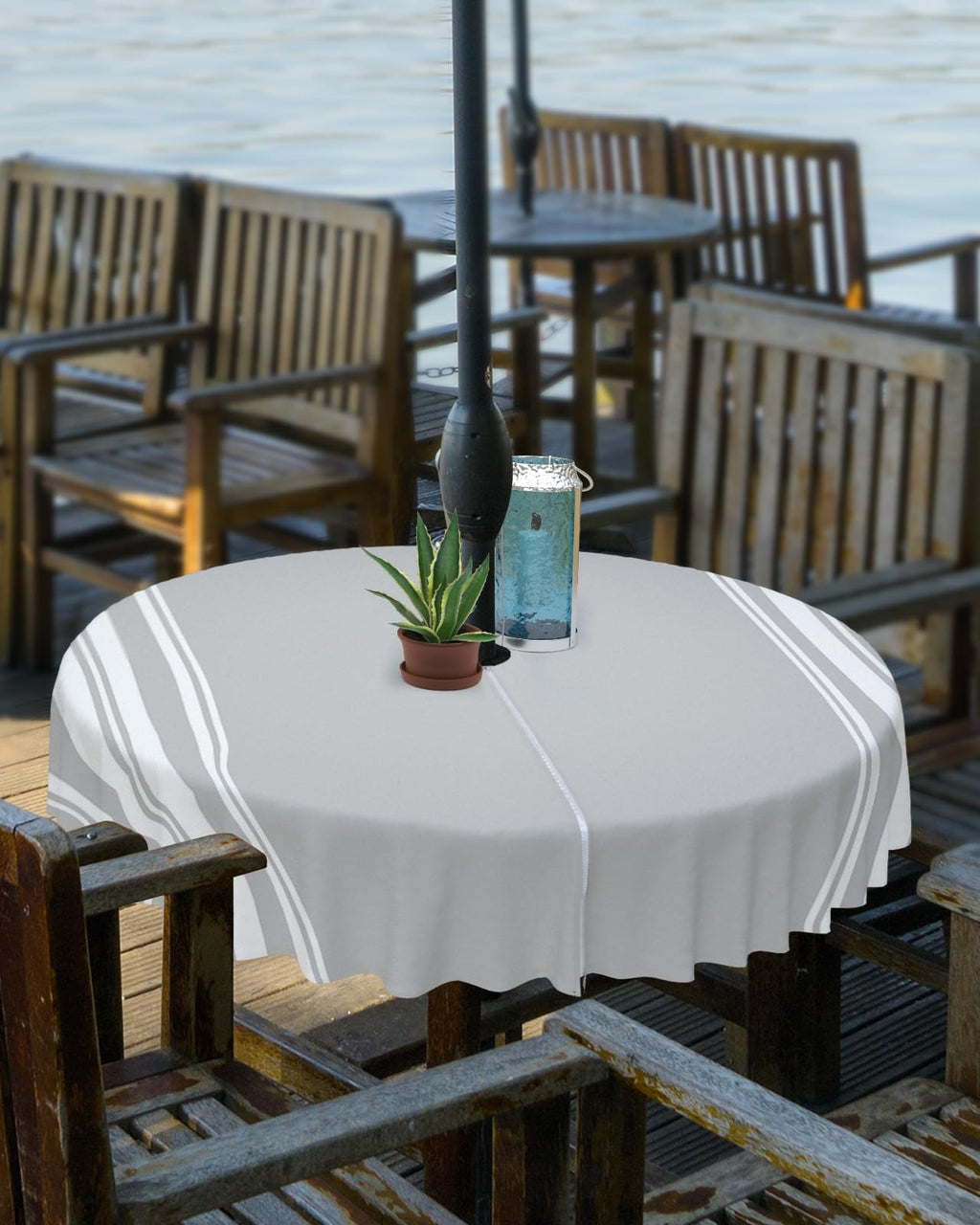 Queenker Outdoor Tablecloth With Umbrella Hole, Farmhouse Gray White Stripe Round Tables Waterproof Tabletop Collection For Pati