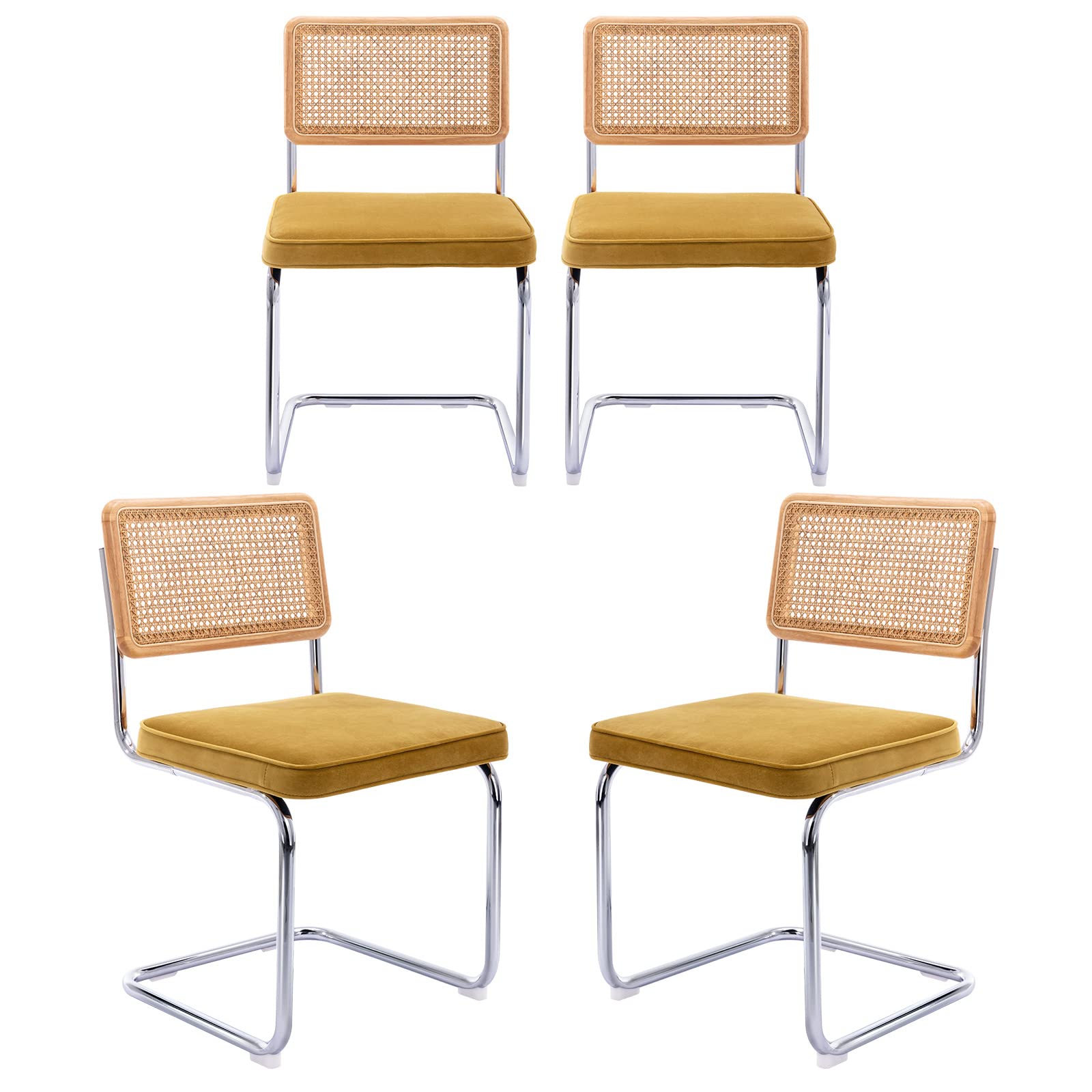Zesthouse Rattan Dining Chairs 4Pcs, Velvet Accent Chairs With Natural Cane Back & Stainless Chrome Base, Modern Mid Century Modern Dining Chairs, Upholstered Kitchen Dining Room Chairs