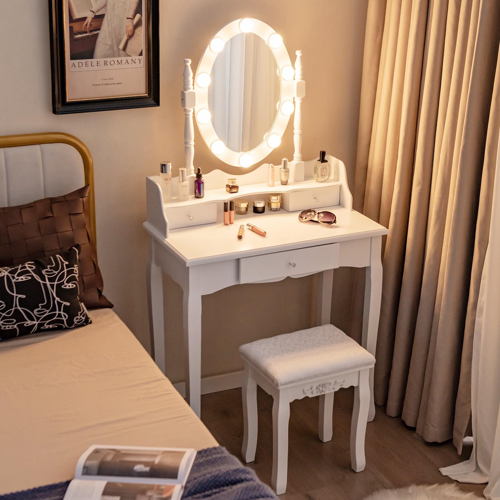 CHARMAID Girls Makeup Vanity Desk with Lights, Vanity Table with Lighted Mirror, 3 Lighting Modes, Adjustable Brightness, Modern