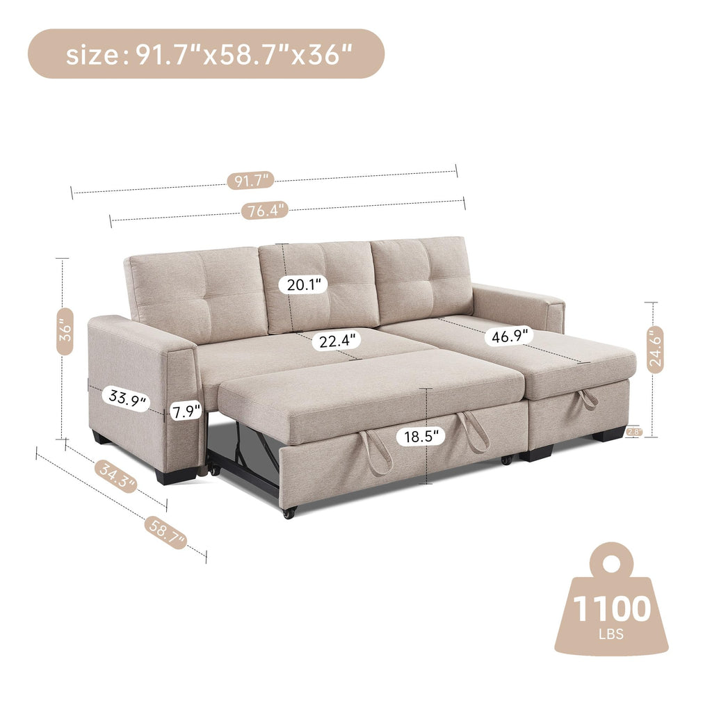 American Furniture Classics Beige Tufted Sectional Chaise Sofa Sleeper with Storage, 92" x 59" x 36"