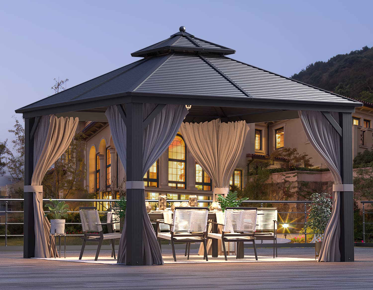 Mellcom 12' X 12' Hardtop Gazebo, Galvanized Steel Double Roof Outdoor Gazebo, Aluminum Frame Metal Gazebo With Netting And Curt