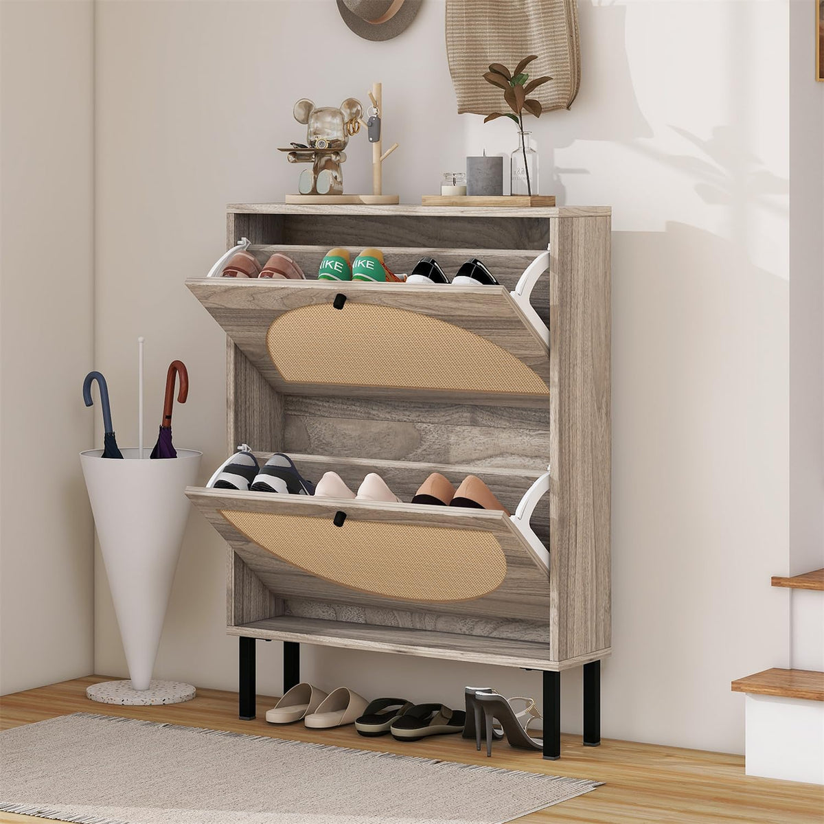 Zehuoge Rattan Shoe Cabinet With 2 Flip Drawers, Narrow Hidden Shoe Rack, Storage Cabinet For Entryway, Shoe Organizer With Rattan Doors (Dark Rustic Oak)