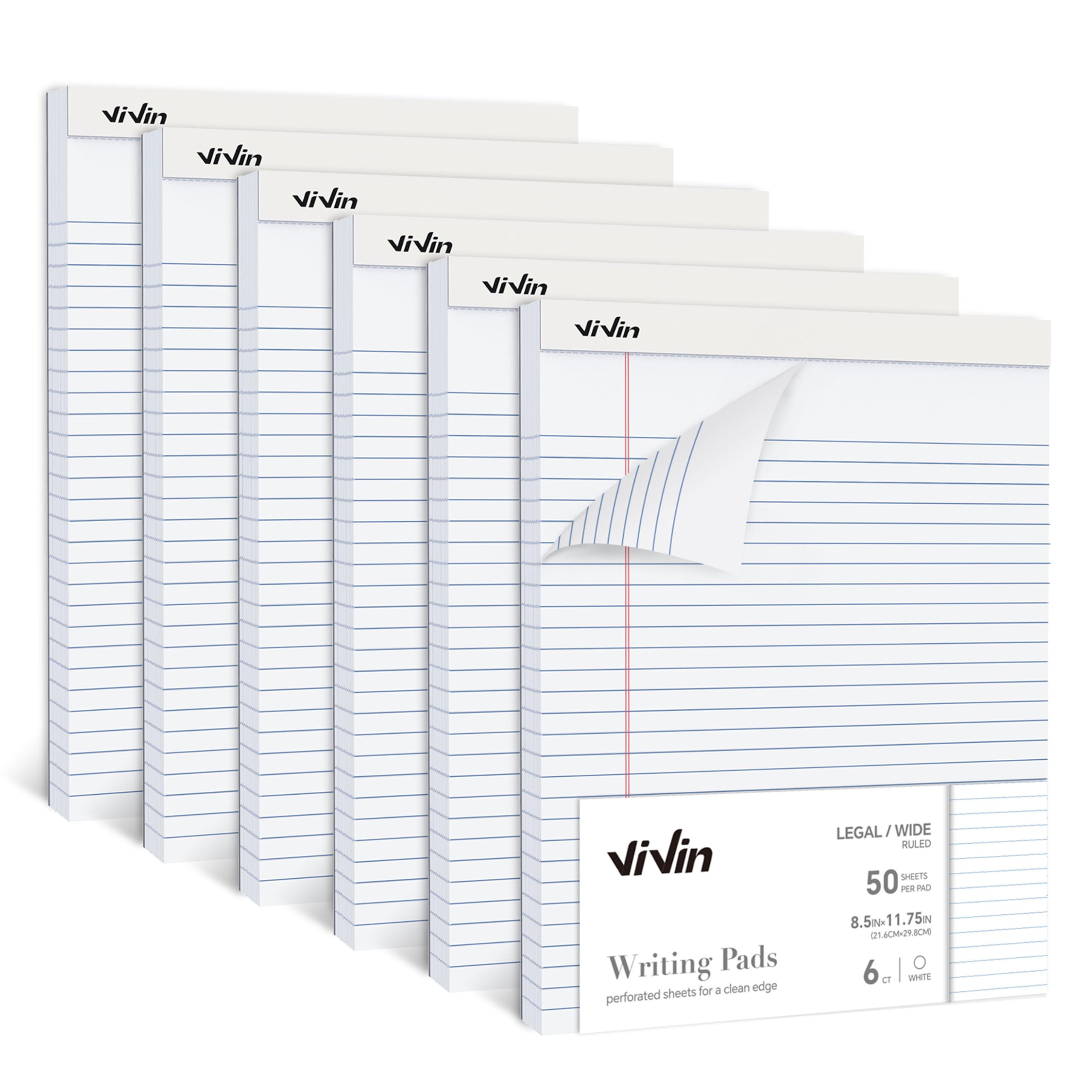 Vivin Legal Pads 8.5 X 11 Inch, Wide Ruled Note Pads, 6 Pack, 50 Sheet/Pad, Perforated Writing Pads, Notepads For Office Home Sc