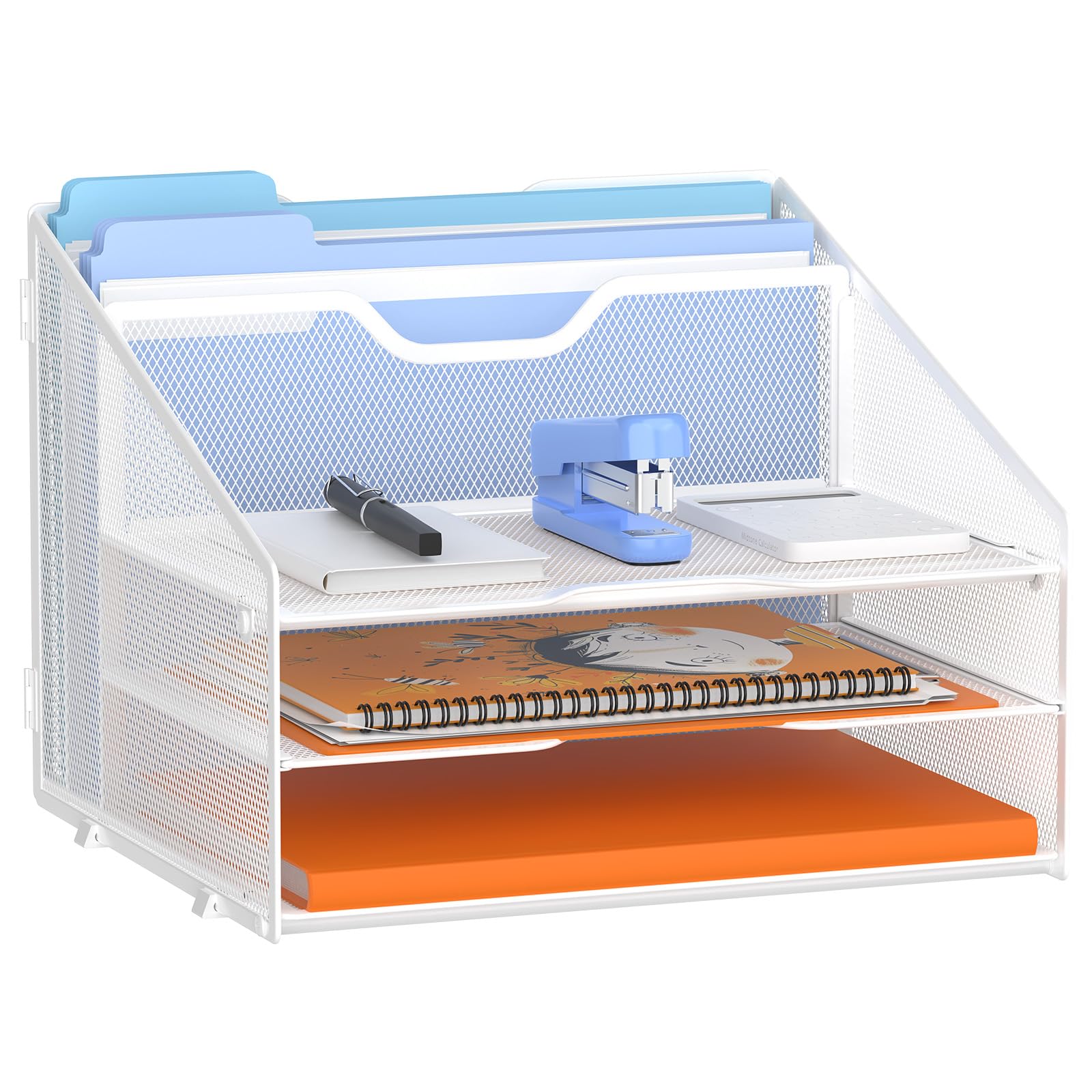 Gawerk Letter Tray Organizer, Mesh Desk File Organizer With 3 Paper Trays And 2 Vertical Upright Section (White)
