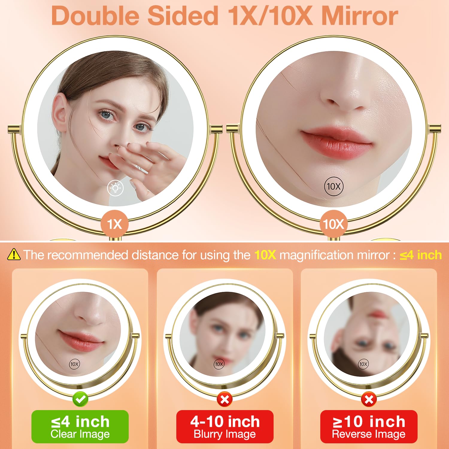 Benbilry 9    Wall Mounted Lighted Makeup Vanity Mirror With 3 Color Dimmable Lights, Super Large 1X/10X Magnifying Double Sided