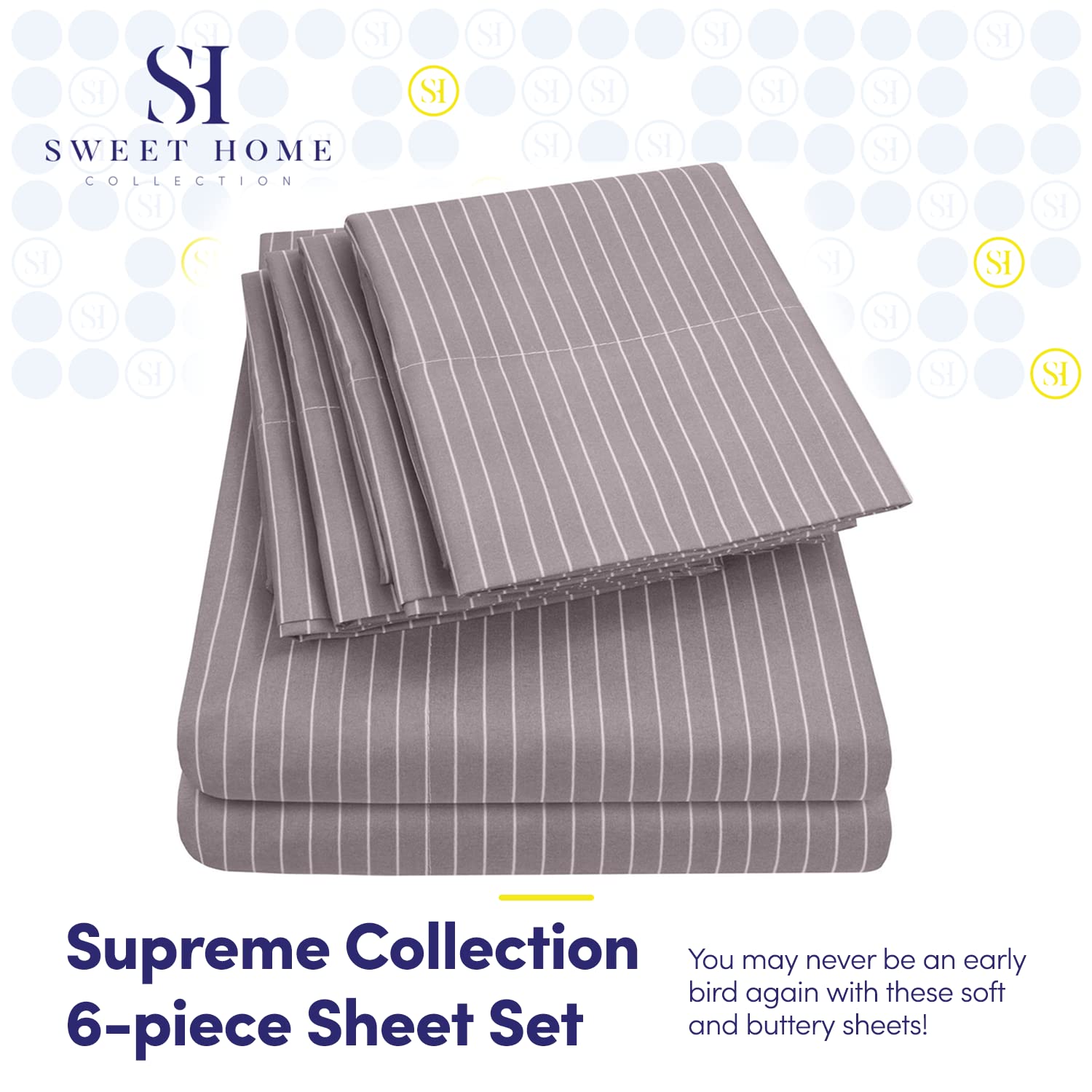 Full Size Bed Sheets - 6 Piece 1500 Supreme Collection Fine Brushed Microfiber Deep Pocket Full Sheet Set Bedding - 2 Extra Pillow Cases, Great Value, Full, Pinstripe Gray