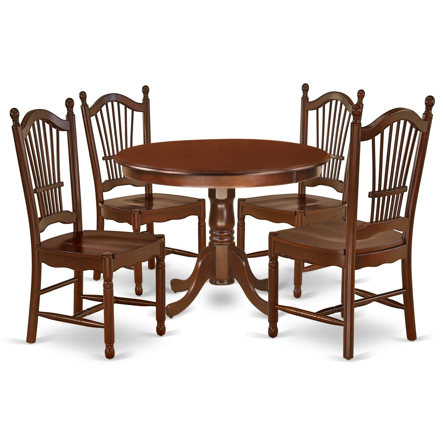 East West Furniture Hldo5-Mah-W 5 Piece Kitchen Table & Chairs Set Includes A Round Dining Table With Pedestal And 4 Dining Room Chairs, 42X42 Inch, Mahogany