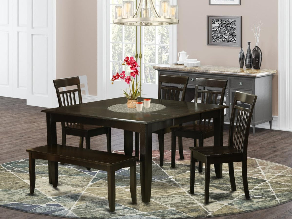 East West Furniture PFCA6-CAP-W 6 Piece Kitchen Table Set Contains a Square Dining Table with Butterfly Leaf and 4 Dining Chairs with a Bench, 54x54 Inch, Cappuccino