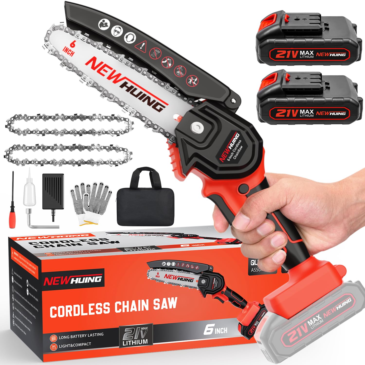Mini Cordless Chainsaw Kit, Upgraded 6' One-Hand Handheld Electric Portable Chainsaw, 21V Rechargeable Battery Operated, For Tr