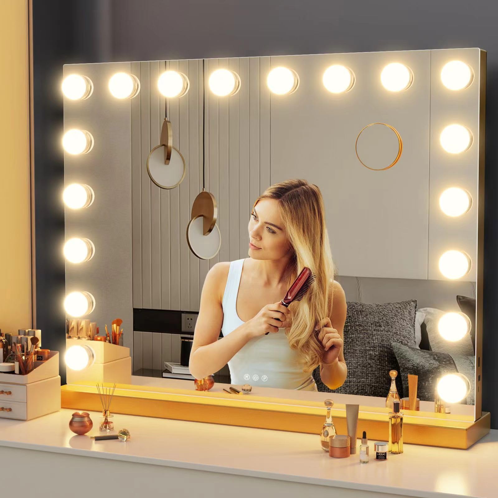 Gvnkvn Vanity Mirror with Lights USB+Type-C Charging, 32WX24L Tabletop Hollyhood Makeup Mirror, Hollywood Lighted Mirror with 18
