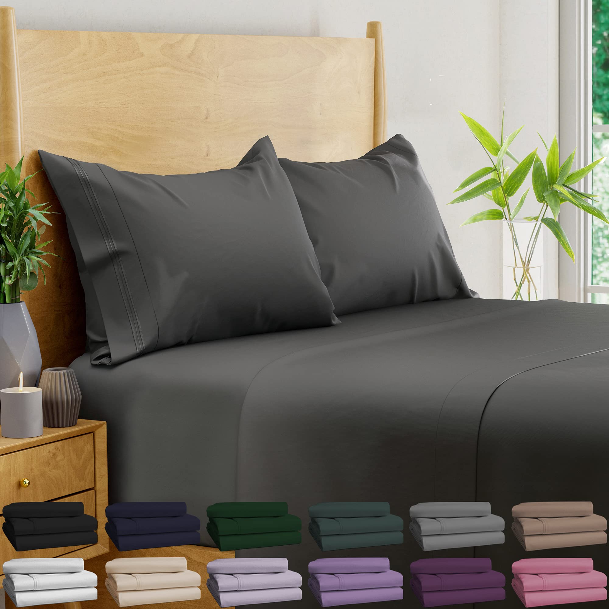 Bampure 100% Viscose Derived From Bamboo Sheets Twin - 4Pc Set - Super Soft Cooling Sheets - Up To 16 Deep Pocket - Luxury Serie