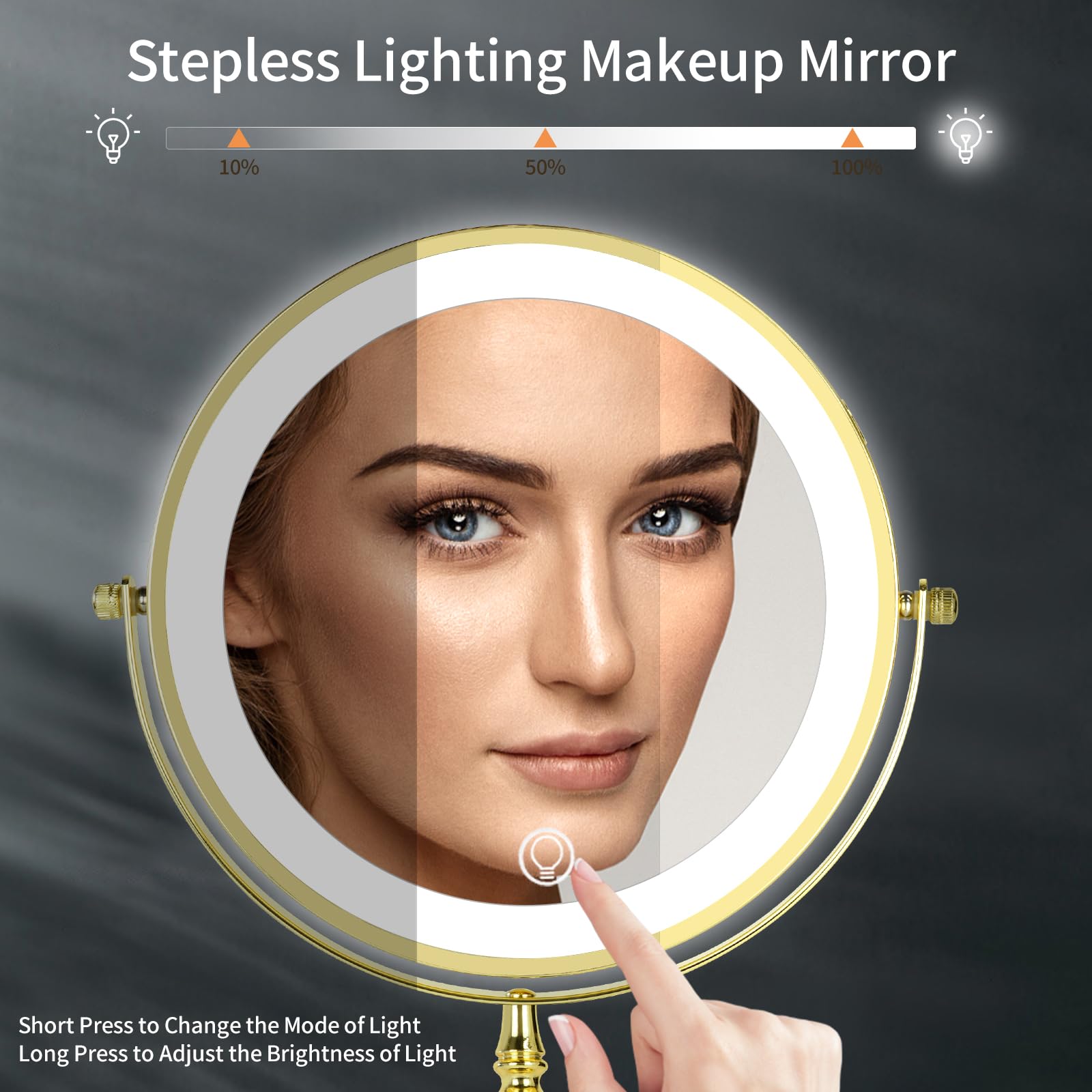 Dowry Rechargeable Lighted Makeup Mirror 10X Magnification Vanity Mirror Tabletop Two-Sided Swivel Gold Finish