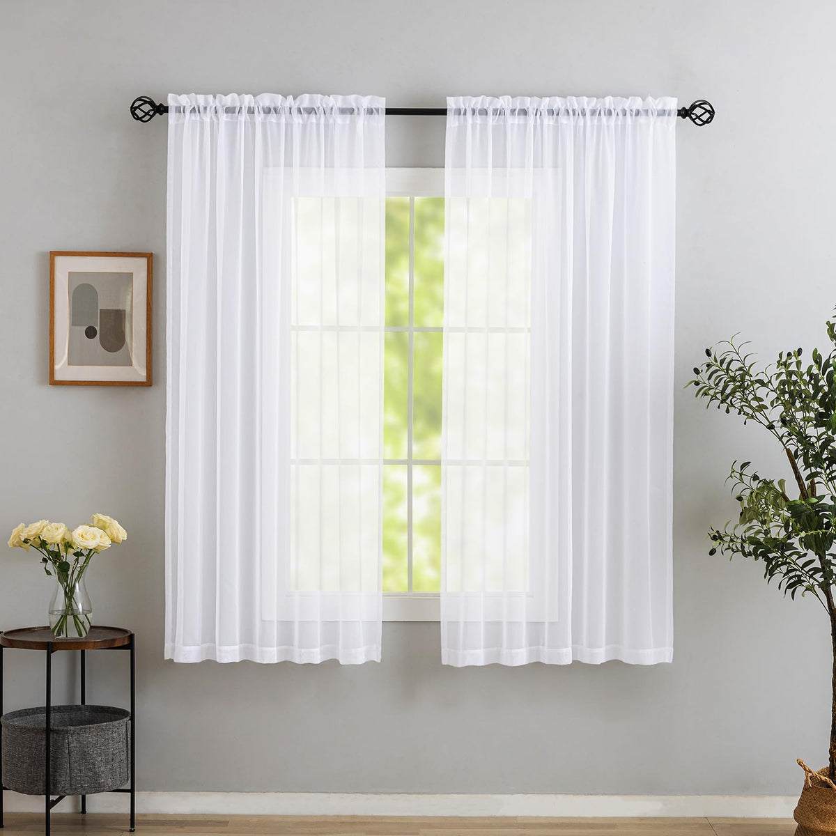 Sheer White Curtains, Sheer Curtains 63 inch Length 2 Panels Set, Rod Pocket Voile Fimly Sheer Drapes for Living Room/Bedroom, L