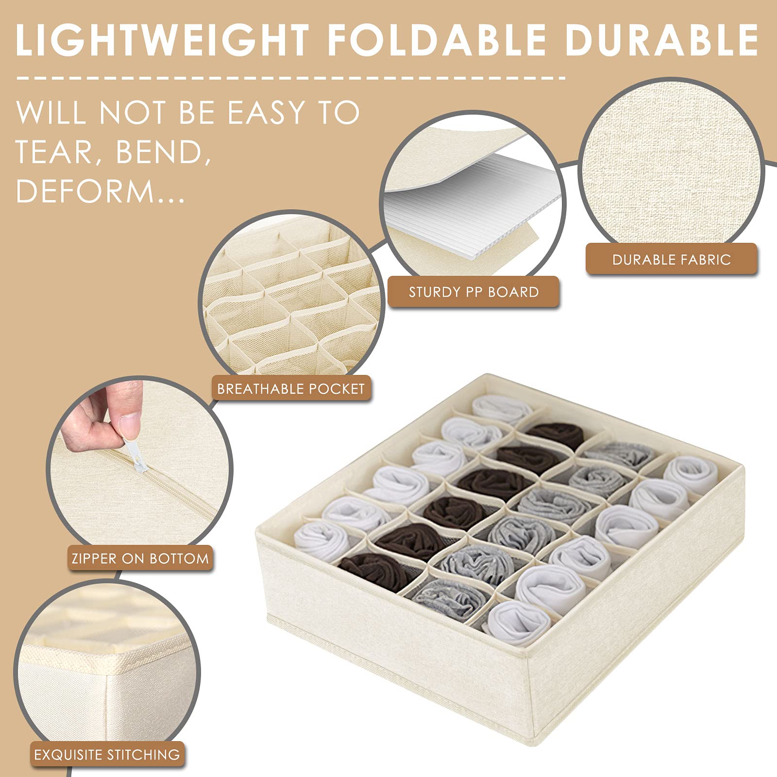 Criusia 3 Pack Sock Underwear Drawer Organizer Dividers, 64 Cell Fabric Foldable Cabinet Dresser Closet Organizers And Storage B