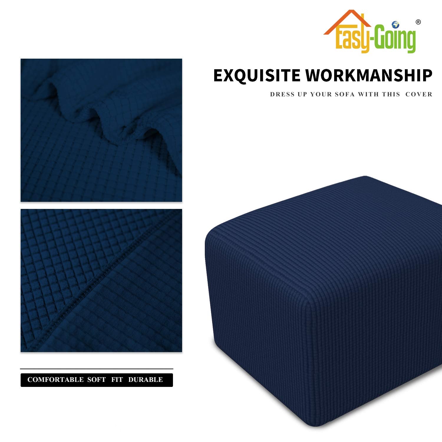 Easy-Going Stretch Square Ottoman Cover Folding Storage Stool Furniture Protector Soft Slipcover With Elastic Bottom (15X15X15Inch, Navy)