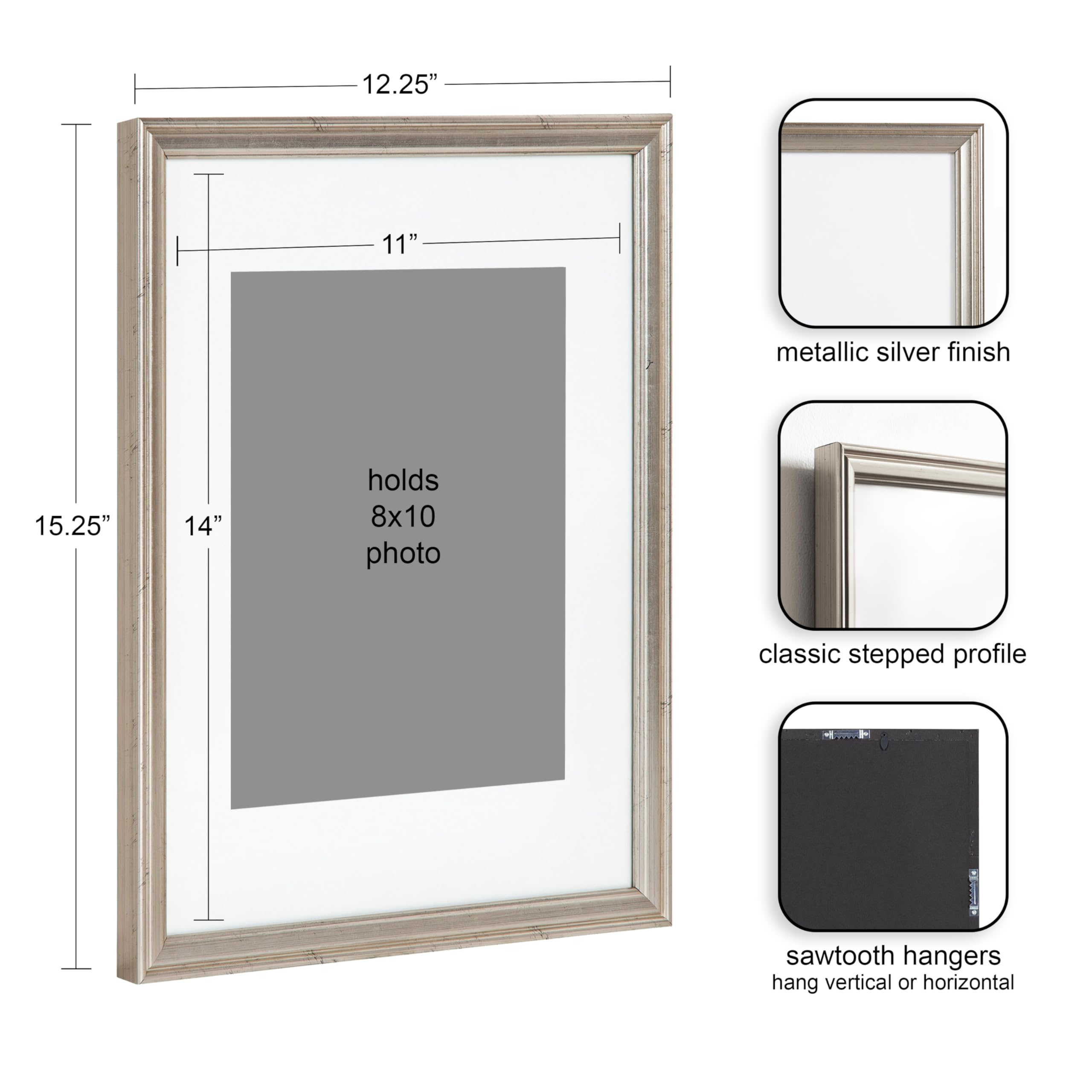 Kate And Laurel Adlynn Rectangle Picture Frame Set Of 4, 11 X 14 Matted To 8 X 10, Silver, Glam Four-Piece Frame Set For Gallery