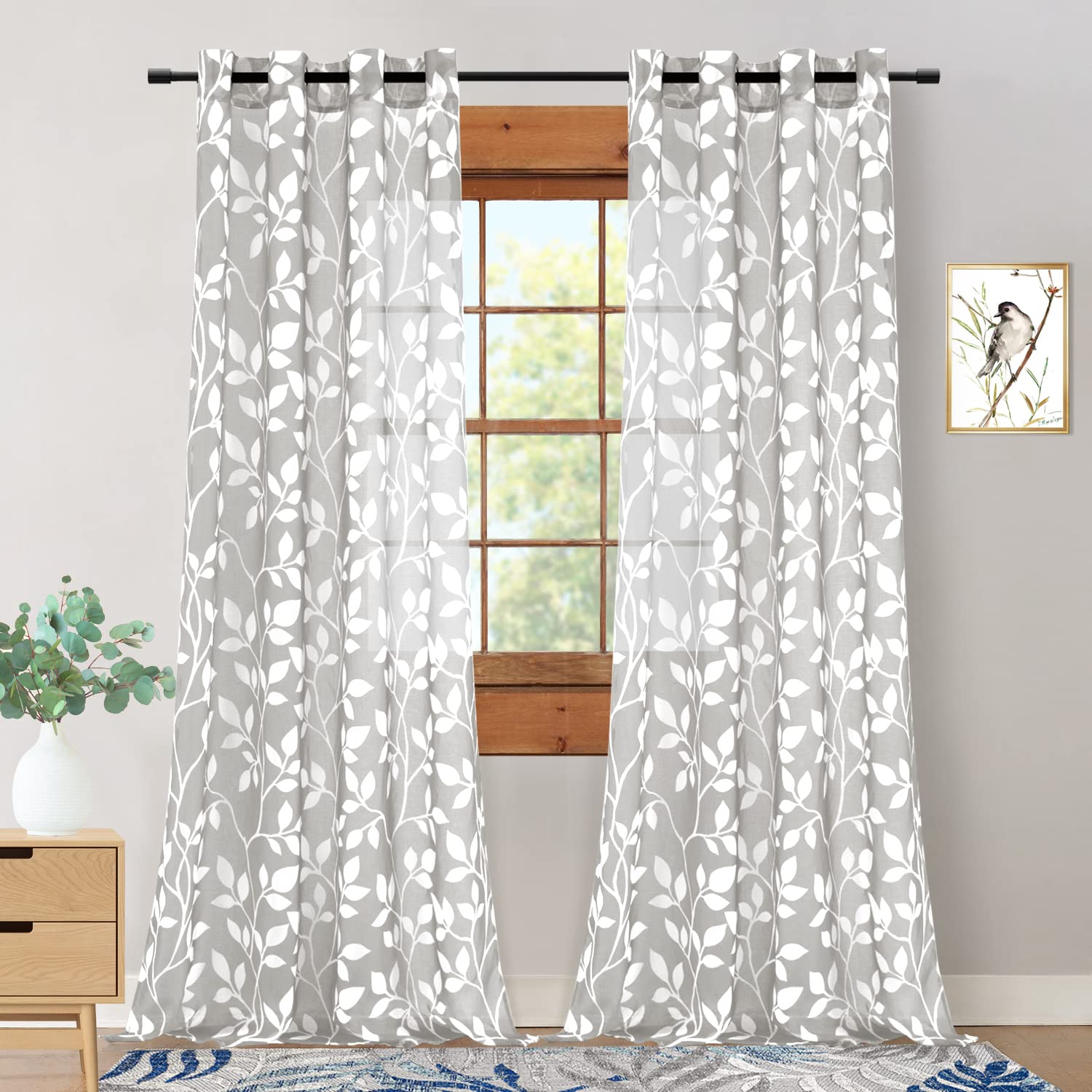 XTMYI 108 Inch Curtains 2 Panel Set White Leaf Pattern Print Design Extra Long Grommet Sheer Drapes for Living Room 108 Inches L
