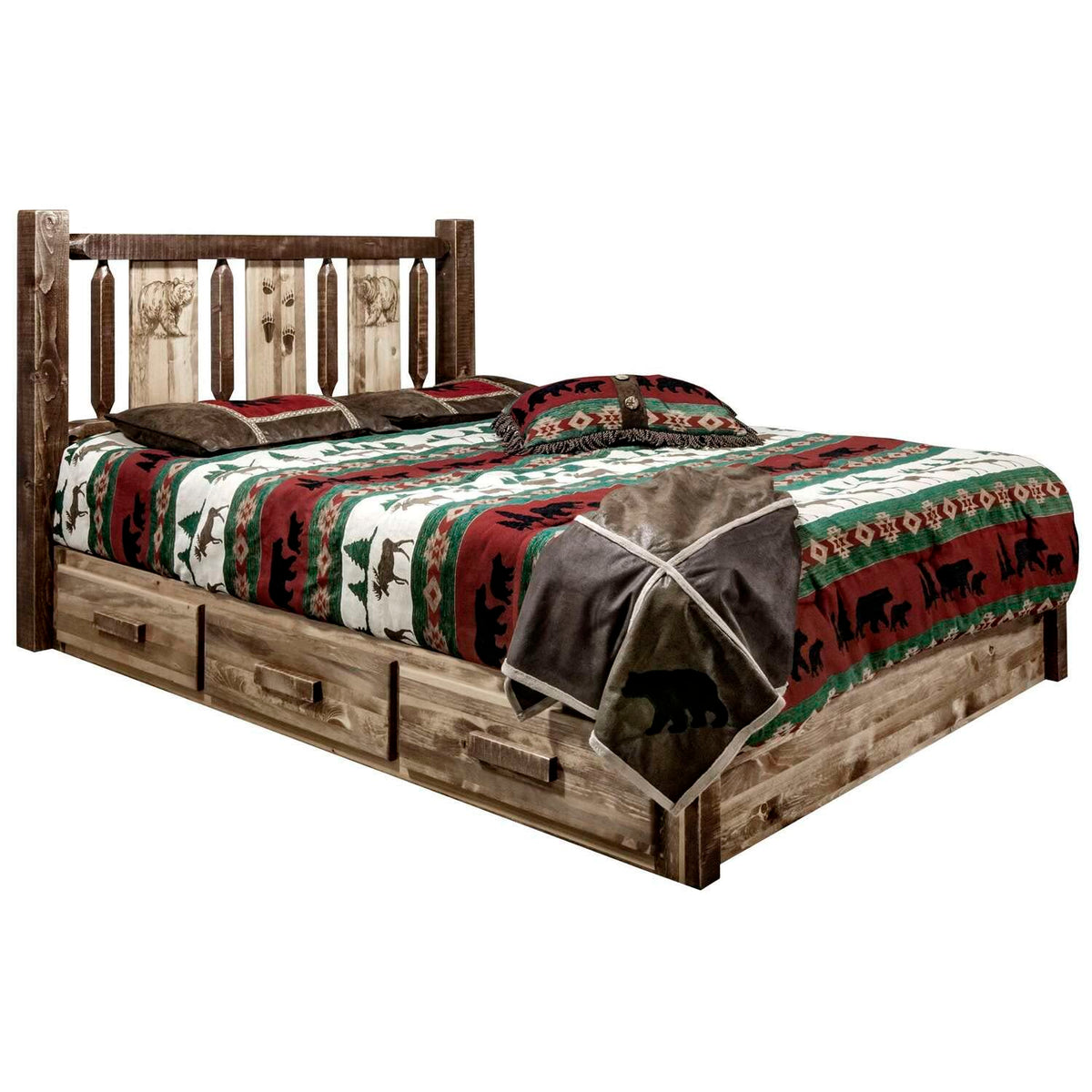 Montana Woodworks Homestead Collection Platform Bed w/Storage, Full w/Laser Engraved Bear Design, Stain & Clear Lacquer Finish