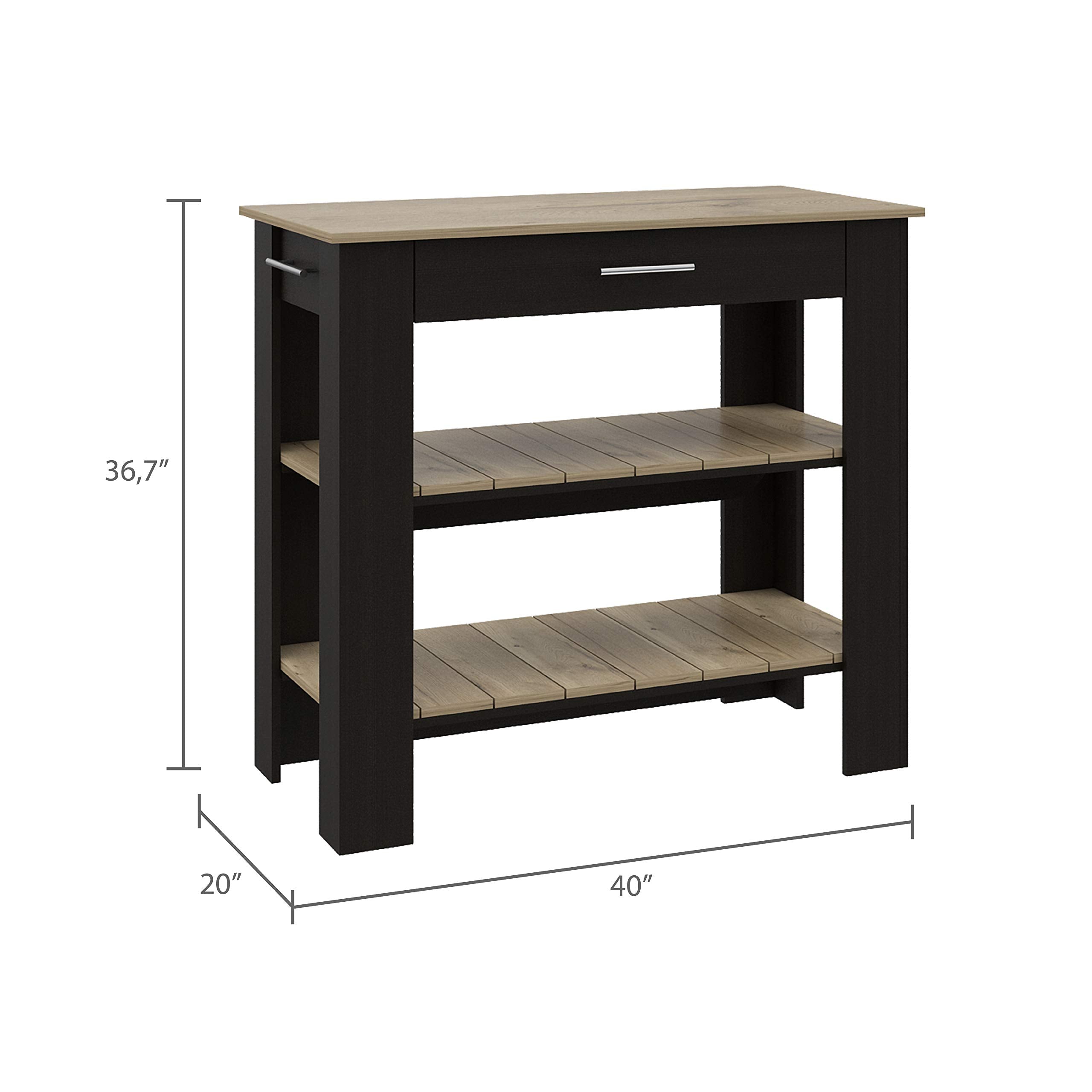 Kitchen Island 37' H, 2 Open Storage Shelves, 1 Drawer, 4 Legs,Towel Hanger, Black/Light Oak