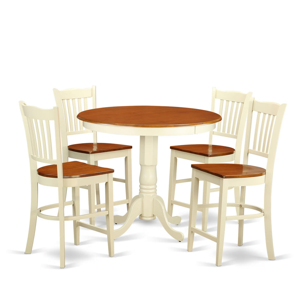East West Furniture JAGR5-WHI-W 5 Piece Kitchen Counter Set Includes a Round Dining Room Table with Pedestal and 4 Dining Chairs, 36x36 Inch, Buttermilk & Cherry