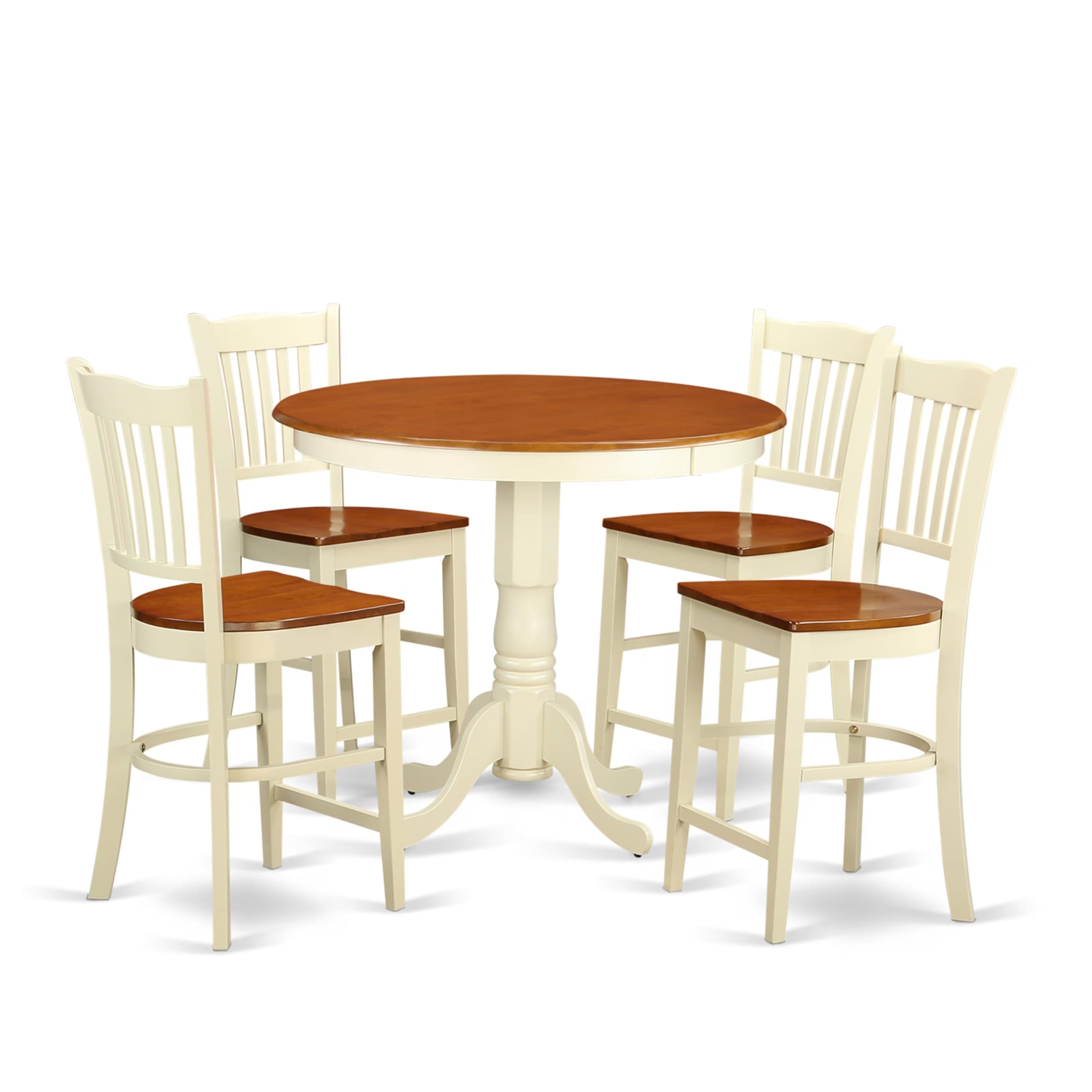 East West Furniture JAGR5-WHI-W 5 Piece Kitchen Counter Set Includes a Round Dining Room Table with Pedestal and 4 Dining Chairs, 36x36 Inch, Buttermilk & Cherry