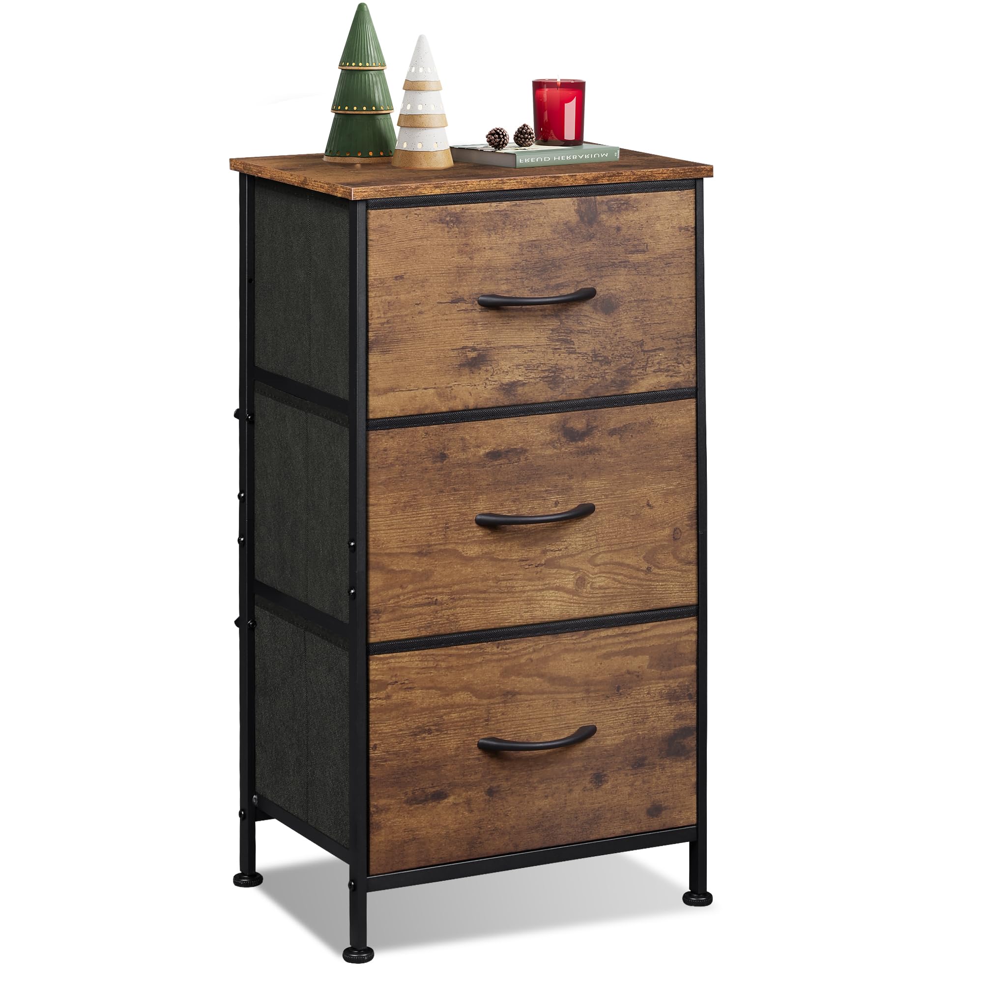 Wlive Dresser With 3 Drawers, Fabric Nightstand, Organizer Storage Dresser For Bedroom, Hallway, Entryway, Closets, Sturdy Steel Frame, Wood Top, Easy Pull Handle, Rustic Brown Wood Grain Print