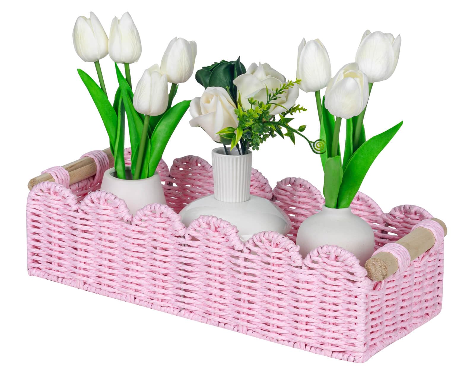 CubesLand Paper Rope Scalloped Edge Gift Basket Empty, Small Living Room,Bedroom Decor Baskets, Pink Woven Toilet Paper Storage 