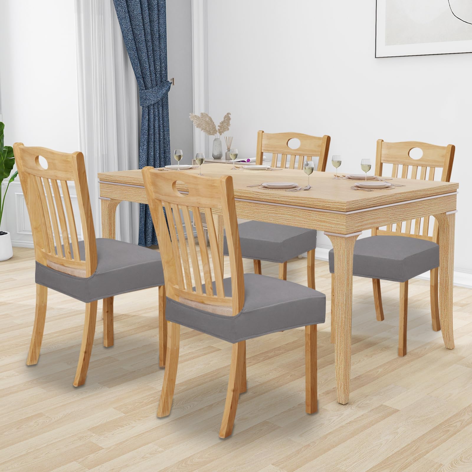 Easy-Going 100% Waterproof Seat Covers For Dining Room Chairs Set Of 4, Stretch Chair Seat Slipcovers Protector Removable And Washable Kitchen Dining Chair Covers, Light Gray