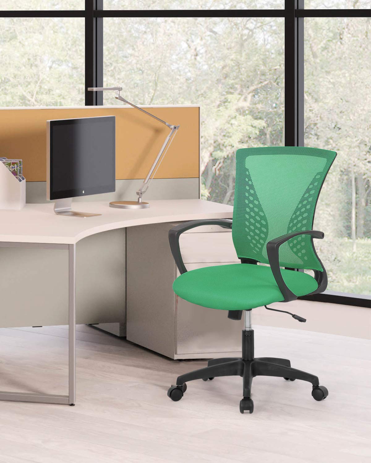 Home Office Chair Mid Back Pc Swivel Lumbar Support Adjustable Desk Task Computer Ergonomic Comfortable Mesh Chair With Armrest (Green)