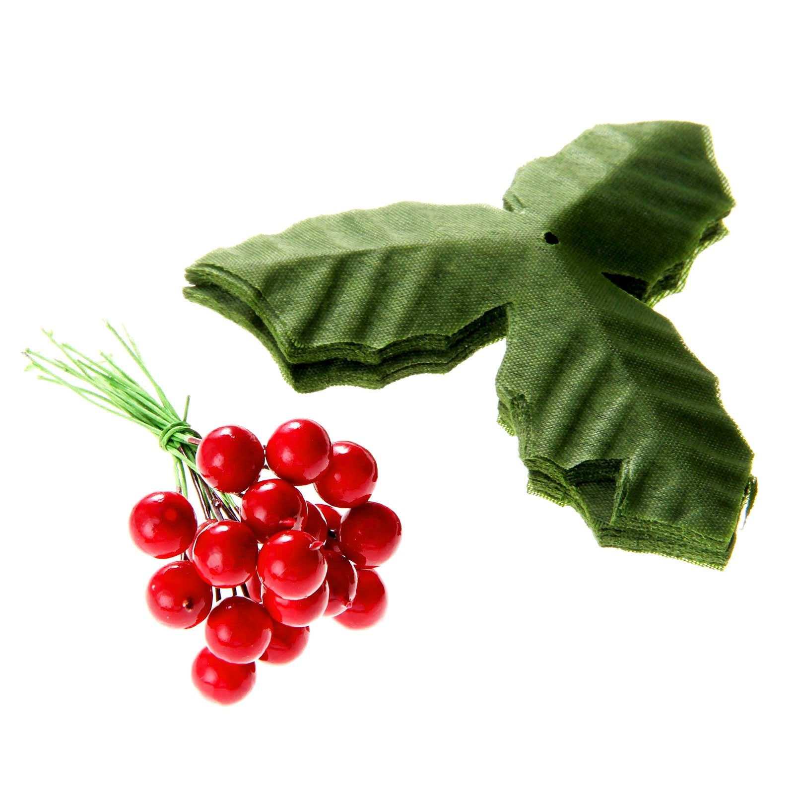 dophee 50 Pack Artificial Red Berry Stems and 50 Pack Green Leaves, Christmas Holly Berry Branches for Party Holiday Home Decora