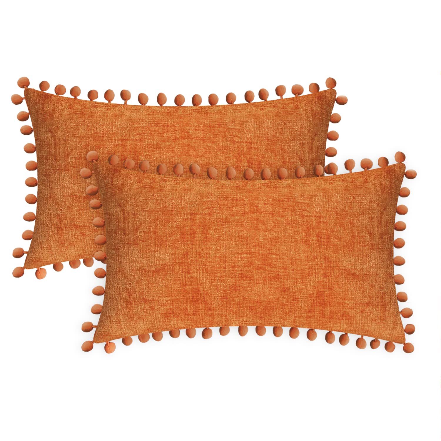 Calitime Fall Throw Pillow Cases Pack Of 2 Cozy Solid Dyed Soft Chenille Cushion Covers With Pom Poms For Couch Sofa Home Decora
