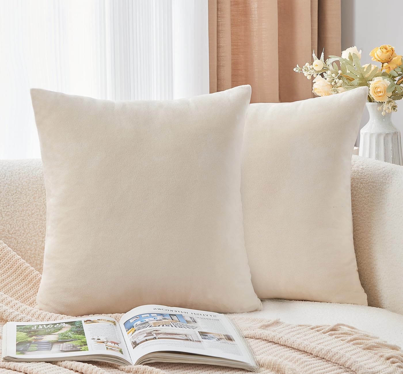 Grineed Throw Pillow Covers Neutral Beige Set Of 2 16X16 Inch Pillow Covers, Soft Velvet Farmhouse Decorative Pillowcases For Co