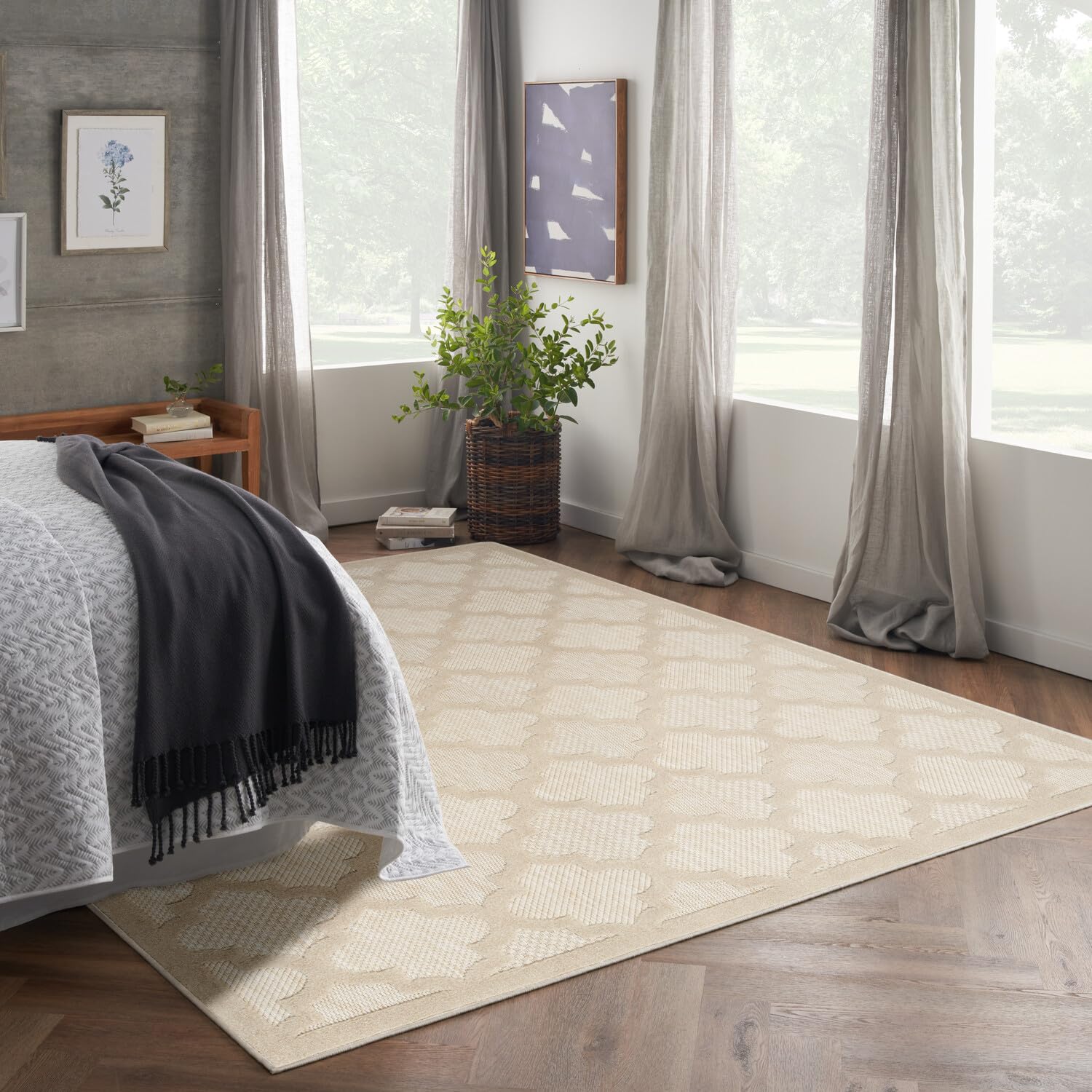 Nourison Easy Care Modern Indoor/Outdoor Cream 9' X 12' Area Rug, Easy Cleaning, Non Shedding, Bed Room, Living Room, Dining Room, Backyard, Deck, Patio (9X12)