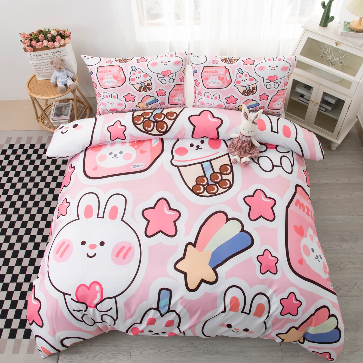 Cvhouse Kawaii Bedding Set Twin Size,Cute Rabbit Bed For Girls Kids Teens,Pink Comforter Cover Soft,Kawaii Duvet Set,Girls Room