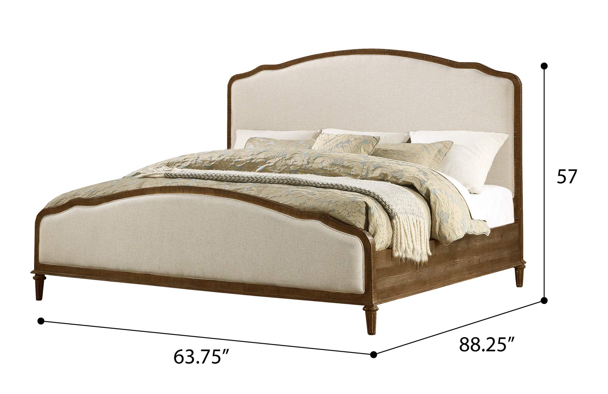 Madrona Burke King Eleanor Sandstone Buff and Cream Bed with Weathered Wood Framing and Curved, Upholstered Headboard and Footboard Panels