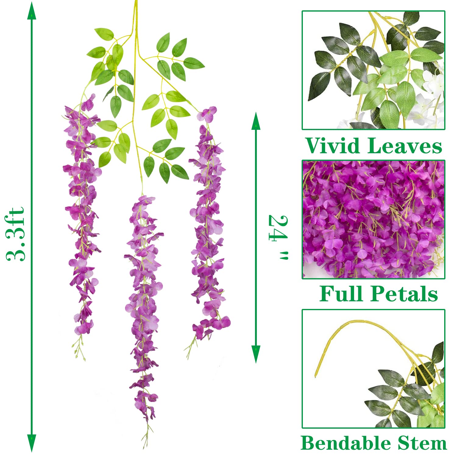 Aitisor 24 Pack Artificial Fake Wisteria Vine Ratta (3.75 Feet) Hanging Garland Silk Flowers String Home Party Wedding Decor(Pur