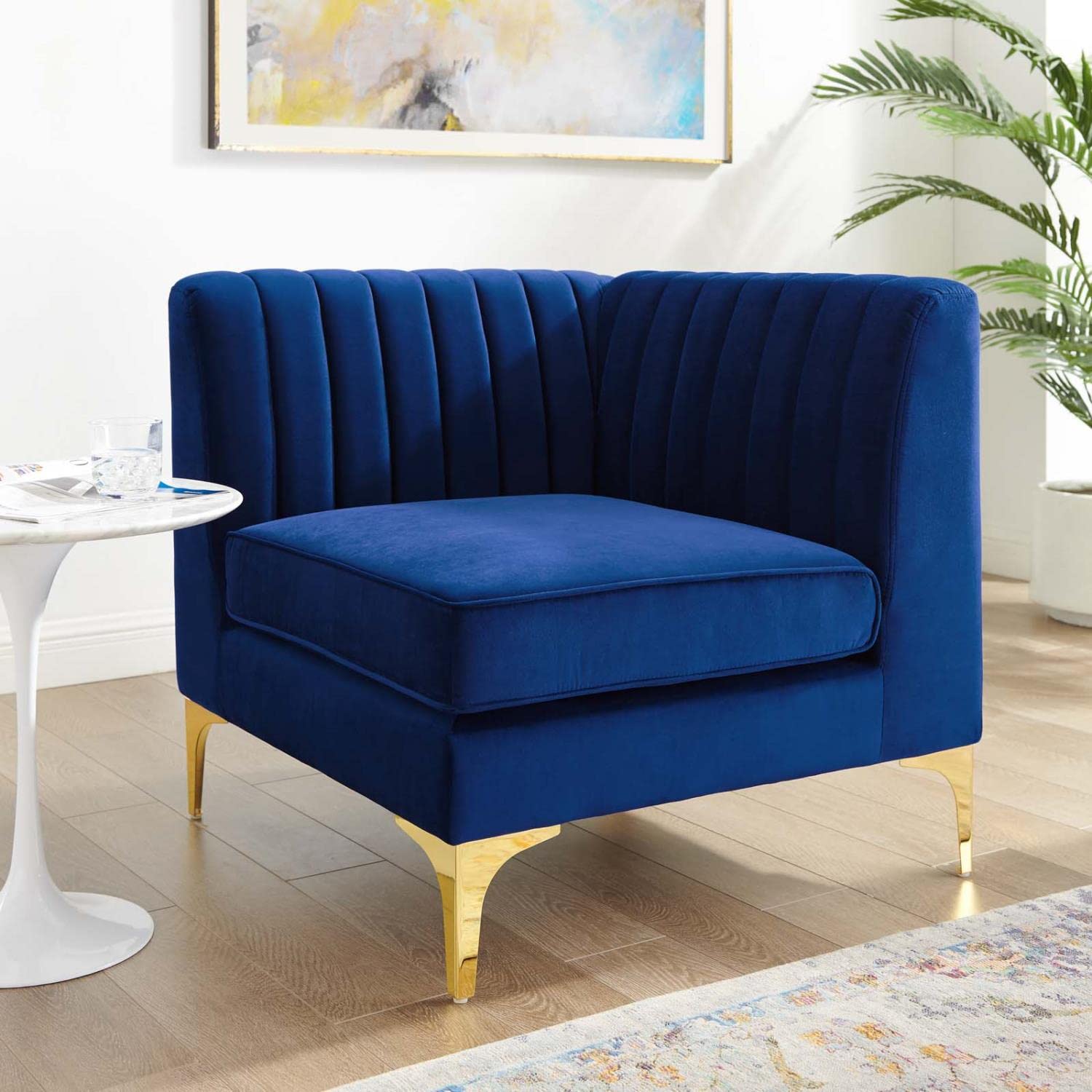 Modway Triumph Channel Tufted Performance Velvet Sectional Sofa Corner Chair, Navy, 31.5 X 31.5 X 30.5