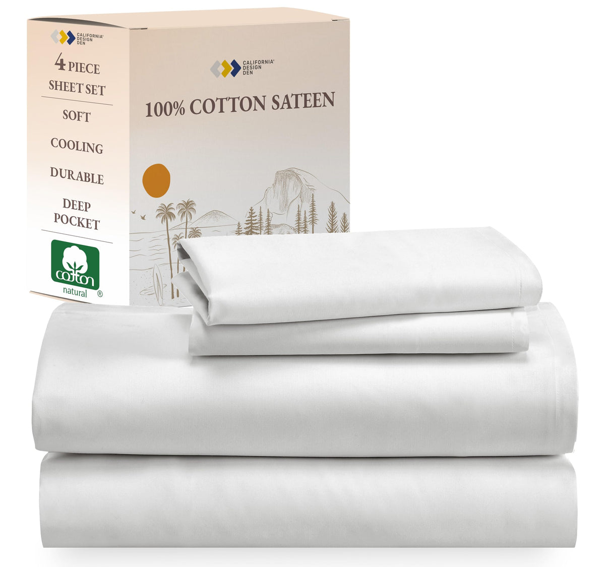 California Design Den Soft 100% Cotton Sateen Sheets With Deep Pocket, King Sheet Set With Sateen Weave, Cooling Sheets - Ivory